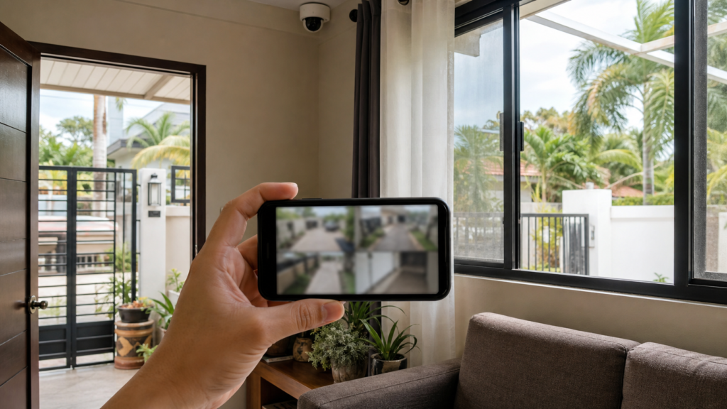 Homeowner checking a generic remote CCTV view on a phone from a Pampanga living room